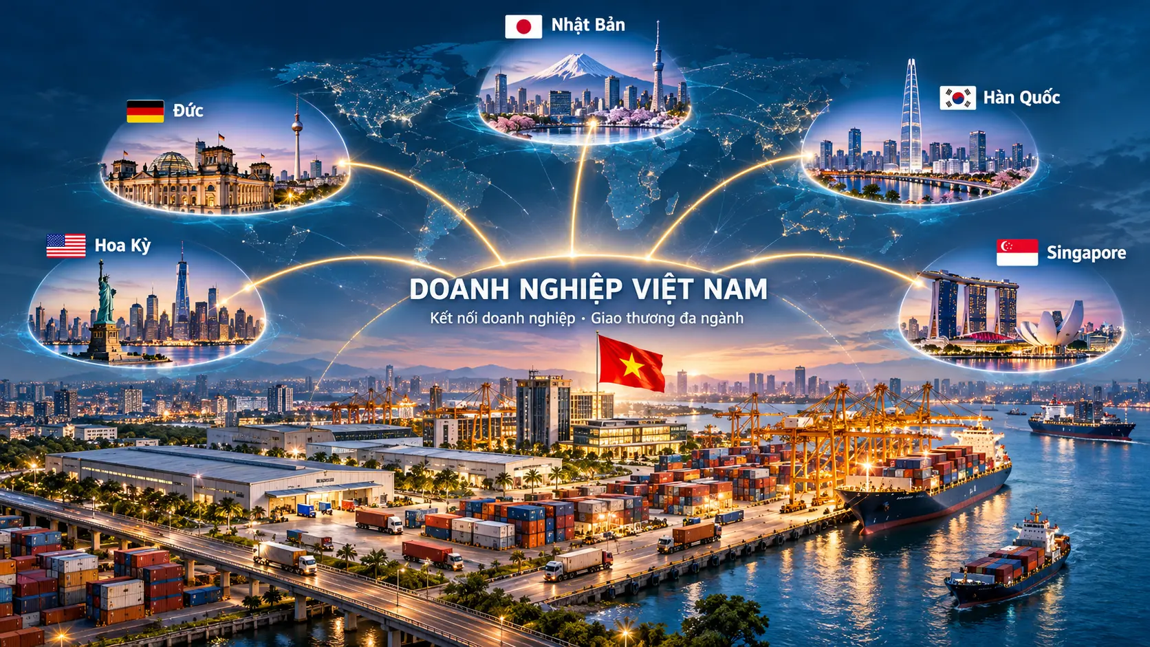 Doanh nghiệp Việt Nam kết nối Nhật Bản, Hàn Quốc, Singapore, Đức và Hoa Kỳ — hình minh họa định hướng
